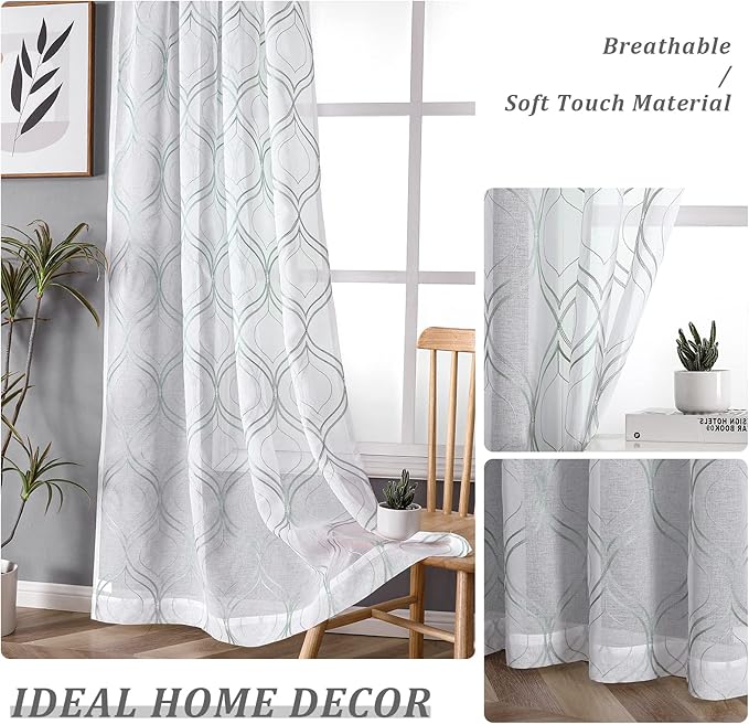 VISIONTEX White Sheer Curtains 95 Inches Long 2 Panels Set Green Moroccan Embroidered Curtains Trellis French Textured Rod Pocket Voile Tulle Semi Window Drapes for Bedroom Living Room 54 x 95 Inches