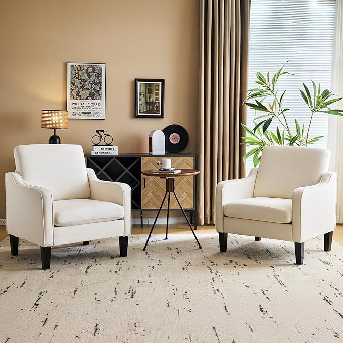 VINGLI Modern Accent Chairs Set of 2, Beige Living Room Chairs Comfy Armchair for Bedroom, Upholstered Sofa Chair Reading Chair for Small Spaces, Apartment, Waiting Room