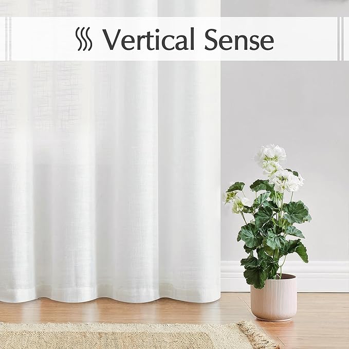 FMFUNCTEX Linen Semi Sheer Curtains for Bedroom, White Curtains 96 Inches Long for Living Room, Country Farmhouse Sheer Drapes, Light Filtering Window Curtain, Grommet Top 2 Panels