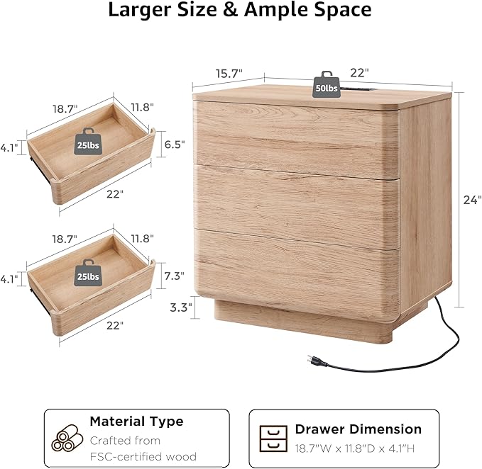 JXQTLINGMU 22" Modern Nightstand with Charging Station, Large Push-to-Open End Table, Wood Bedside Table w/Curved Profile Design, Handleless 3 Drawer Night Stand for Bedroom, Living Room, Natural Oak