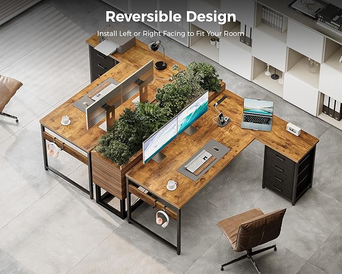 AODK L Shaped Desk with 4 Tier Drawers, 53" Reversible Gaming Desk with Power Outlets, L Shaped Computer Desk with USB Charging Port and Host Stand, Home Office Corner Desk, Easy to Assemble, Vintage