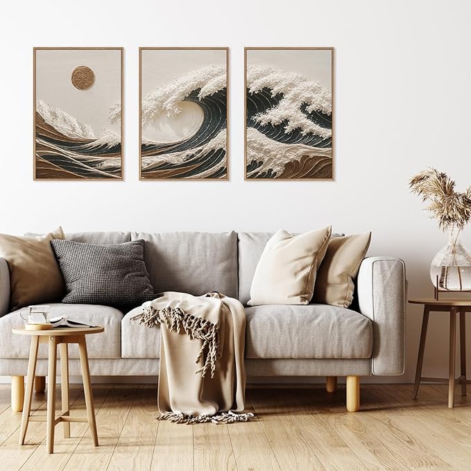 HLNIUC Sea Wave Framed Canvas Wall Art,Abstract Sun Seascape Wall Decor Set of 3(16”x24”) Large Modern Ocean Beach Art Print,Great Wave Sunset Pictures Canvas Famed Painting for Living Room,Bedroom