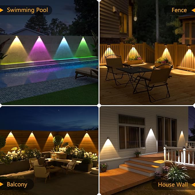 NIORSUN Solar Fence Lights Outdoor Waterproof, Warm & Cool White RGB，8 Pack LED