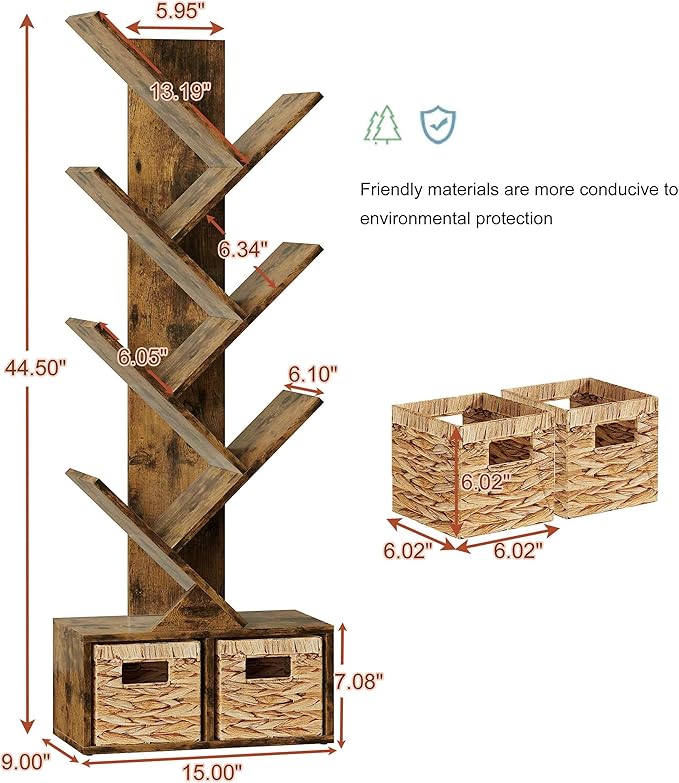 Vagusicc 6 Tier Tree Bookshelf, Small Bookcase with Storage Cabinet, Modern Tall Narrow Bookshelves Organizer, Floor Standing Book Shelf for Bedroom/Living Room/Home Office/Corner, Rustic Brown