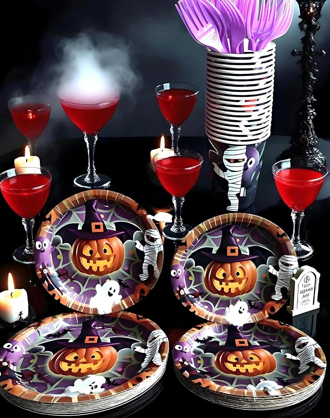 Halloween Paper Plates,Cups,Forks(96Pcs)-Disposable Party Plates Heavy Duty,Party Supplies Tableware Set|Paper Plates 9 inch & 7 inch,Spooky Decor(Flying Pumpkin,Ghost,Zombie,Bat) for Kids Halloween