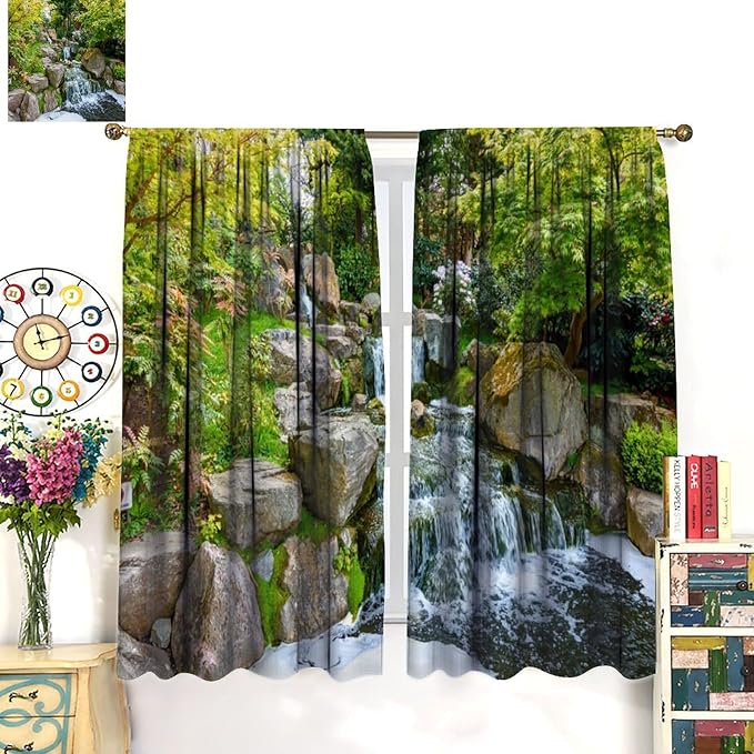 Forest Waterfall Blackout Curtains, Natural Landscape Forest Trees Waterfall Scenery PrintWindow Drapes, for Living Room Bedroom 42" W X 63" L
