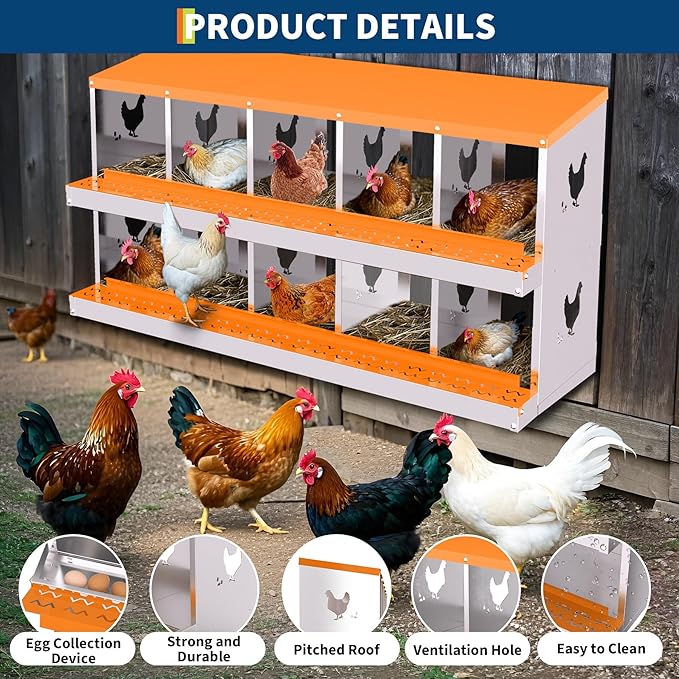 Chicken Nesting Boxes, 10-Hole Roll Away Nest Box for Chicken Coop, Metal Egg Laying Box with Perch & Lid Cover to Protect Eggs, Rollout Egg Collection, Vented Holes Orange