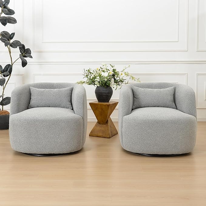 KINWELL 34" Wide Sherpa Swivel Barrel Chairs Set of 2, No Assembly Round Boucle Upholstered Accent Chairs Armchairs Single Sofa Chair with Toss Pillow for Living Room and Bedroom, Gray
