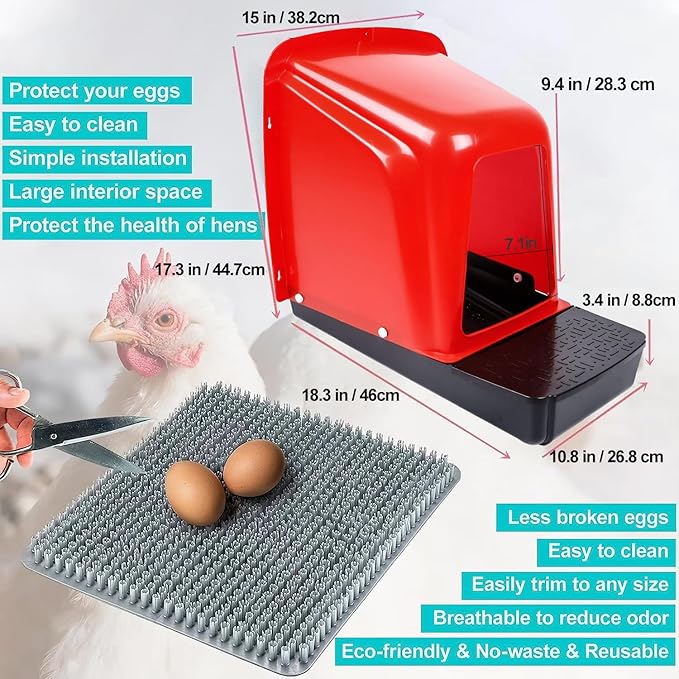 Chicken Nesting Boxes 10 Pack with Egg Roll Out, Plastic Chicken Laying Boxes for Chicken Coop, Wall Mounted Hen Nesting Box for Chickens & Poultry, Durable, Easy to Install & Clean, Red