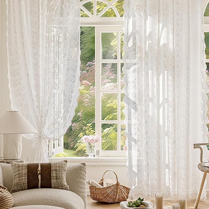Anmao Vintage White Lace Curtains 120 Inches Long 2 Panels, Romantic Elegant Light Filtering Semi Sheer Floral Thick Lacy Curtain Drapes for Living Room and Bedroom, Each Panel 55W x 120L, Off White