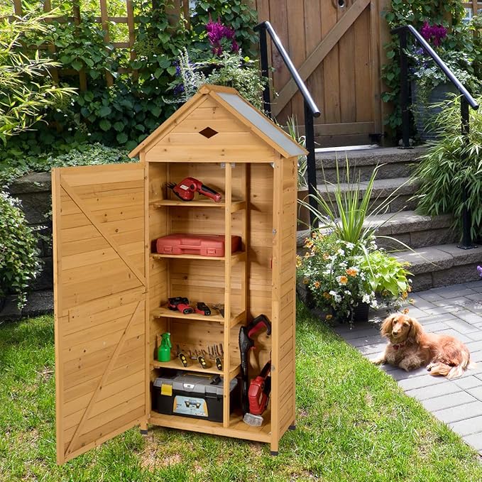 Goplus Outdoor Storage Shed, Lockable Fir Wood Garden Tool Storage Cabinet with Galvanized Sheet Roof for Garden, Yard, Natural Color