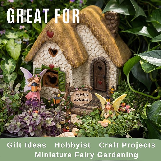PRETMANNS Fairy House Kit - Fairy Garden Accessories for Outdoor Miniature Village Decor, with Fairies & Sign - House, 7’ High & Door can Open Wide - 4 Piece Supplies