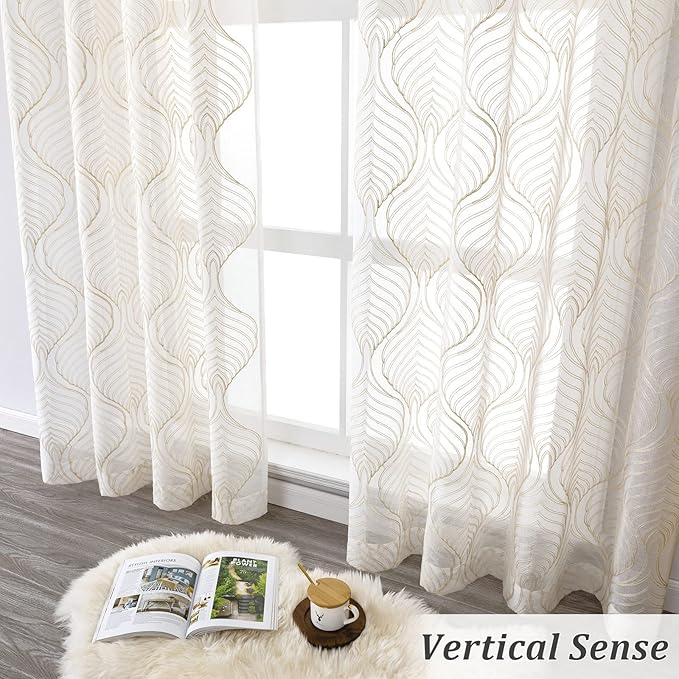 VISIONTEX Sheer Curtains 84 Inches Long 2 Panels Set Beige Moroccan Embroidery Texture Geometric Rod Pocket Ivory White Voile Tulle Semi Window Treatment Pair for Bedroom Living Room 54 x 84 Inches
