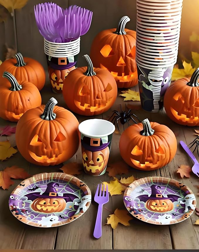 Halloween Paper Plates,Cups,Forks(96Pcs)-Disposable Party Plates Heavy Duty,Party Supplies Tableware Set|Paper Plates 9 inch & 7 inch,Spooky Decor(Flying Pumpkin,Ghost,Zombie,Bat) for Kids Halloween