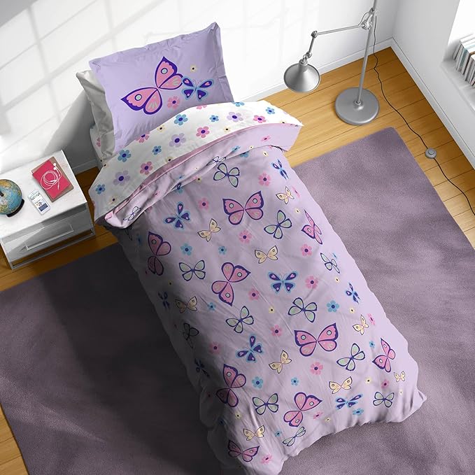 Sunny Side Up Butterfly Twin Comforter Set - 5 Piece Kids Bedding Includes Comforter, Sheets & Pillow Cover - Super Soft Purple Floral Microfiber Bed Set