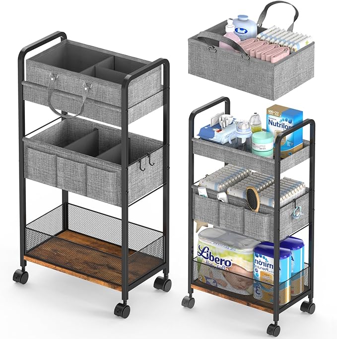 2In1 Baby Diaper Caddy & 3-Tier Rolling Diaper Cart, Diaper Caddy Organizer Cart with Dividers, Mobile Metal Utility Cart for Nursery Essentials, Detachable Bedside Cart, Large Capacity
