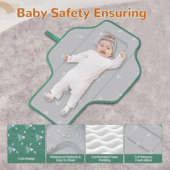 Portable Diaper Changing Pad, Waterproof Baby Changing Mat, Foldable Travel Baby Changing Station, Newborn Essential Baby Shower Registry Gift (Green-Rabbit)