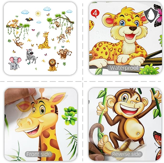 Cute Jungle Theme Wall Stickers Removable Animal Forest Wall Decals Elephant Monkey Lion Giraffe Zebra Peel and Stick Tropical Wall Art Decor for Nursery Bedroom Classroom (Colourful)