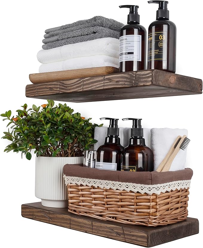 BGMG Floating Shelves 16 inch Long, Distressed,Wide Rustic Wooden Wall Shelves for Bathroom Living Room Bedroom Kitchen Farmhouse Set of 2-16x6.7x1.25 inch-Distressed Walnut
