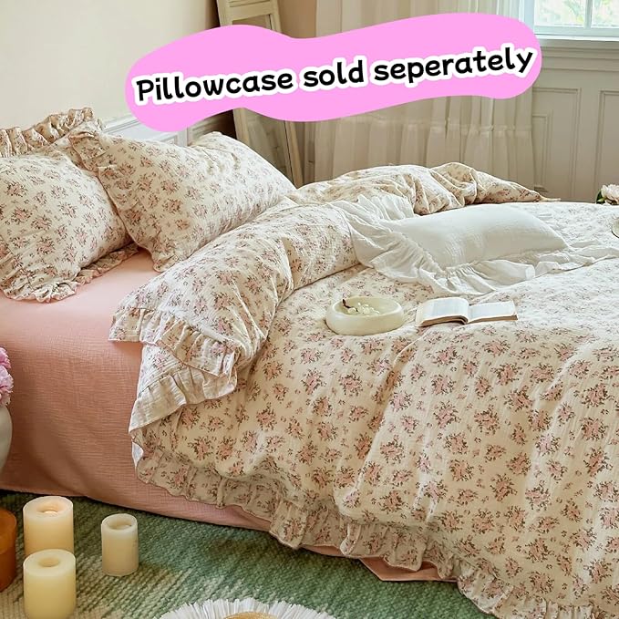 BuLuTu Vintage Floral Queen Duvet Cover Cotton Muslin Comforter Cover with Ruffles, Soft Lightweight Gauze Bedding Quilt Cover 90"x90", No Pillow Case, Zipper & Corner Ties, Machine Wash
