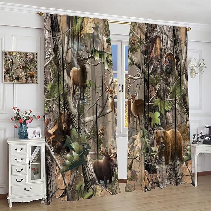 Retro Forest Window Curtains, Camouflage Hunting Tree Camo Rustic Deer Elk Bird Bear Blackout Rod Pocket Windows Door Curtain for Bedroom Living Room Home Decor 63x72in