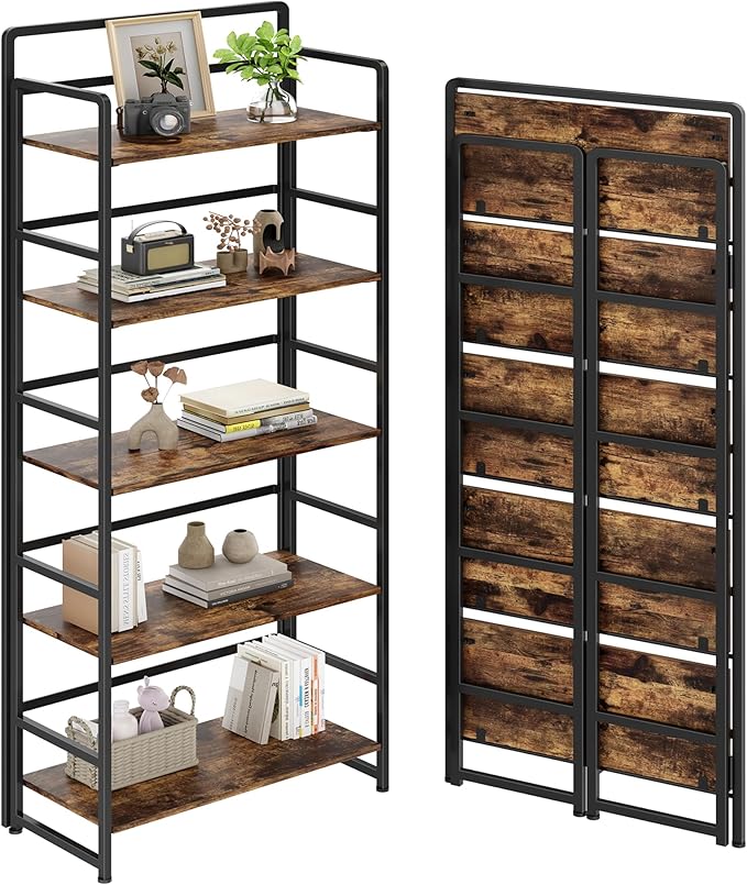 No Assembly Folding Bookshelf, 5 Tiers Collapsible Book Shelf for Home Office, Vintage Wood Foldable Bookcase Storage Organizer for Living Room Bedroom (Rustic Brown)