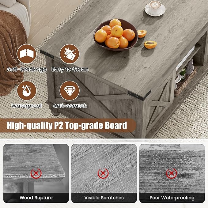 48" Farmhouse Lift Top Coffee Table with Storage Sliding Barn Door & Large Hidden Compartment, Coffee Table with Lifting Top with Wooden Lift Tabletop, Coffee Tables for Living Room, Grey