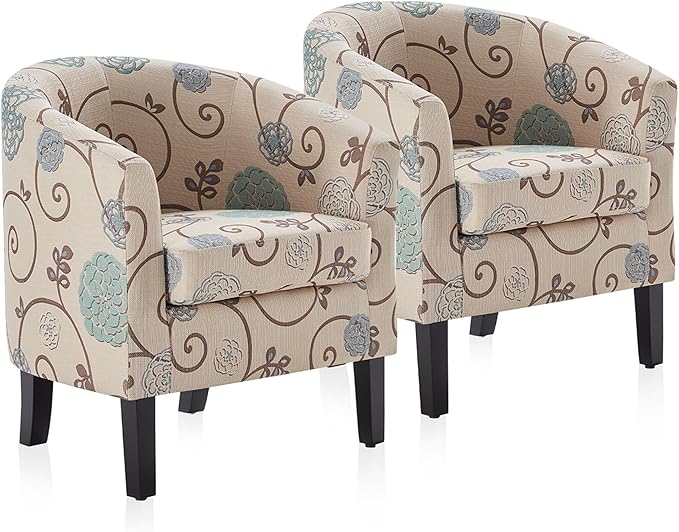 BELLEZE Living Room Chairs Set of 2, Linen Round Accent Barrel Chairs, Club Tub Sofa Chairs for Bedroom, Corner Chairs with Flared Legs and Cozy Soft Padding - Highland (Floral Print)