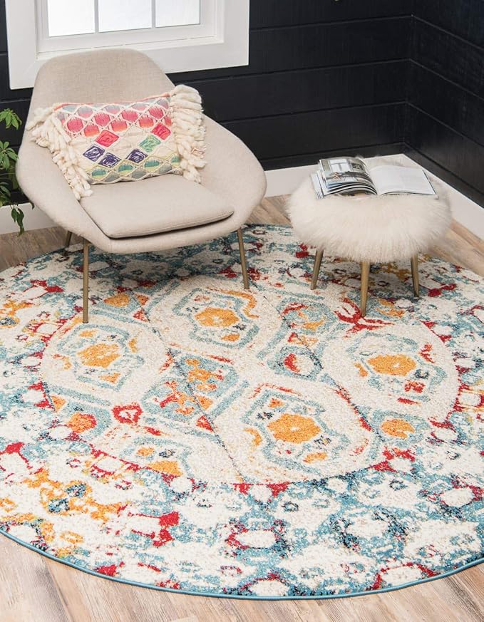 Unique Loom Rosso Collection Vintage, Geometric, Bohemian, Traditional, Distressed, Southwestern Area Rug, Round 4' 0" x 4' 0", Multi/Ivory