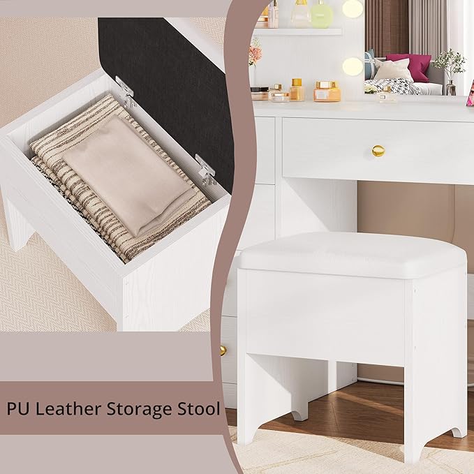 IRONCK Vanity Desk with Mirror and Lights, Small Makeup Vanity Table with 5 Drawers, Power Outlet, and Vanity Stool, 3 Lighting Colors, Dressing Table for Women Girls Bedroom, White
