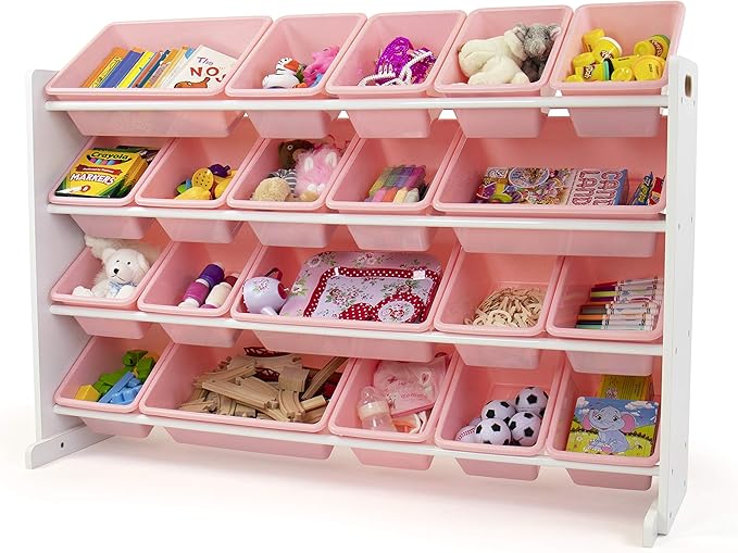 Humble Crew Extra-Large Toy Organizer with 20 Plastic Bins – Pink/White Storage Rack with 4-Tier Shelves, Anti-Tip Safety, for Kids’ Rooms, Playrooms, Nurseries & Classrooms