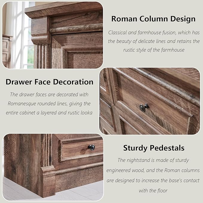 Farmhouse 6 Drawers Dresser for Bedroom, 48" Wide Large Dressers & Chests of Drawers w/Roman Column, Storage Dressers Organizer for Bedroom, Hallway, Living Room, Light Brown