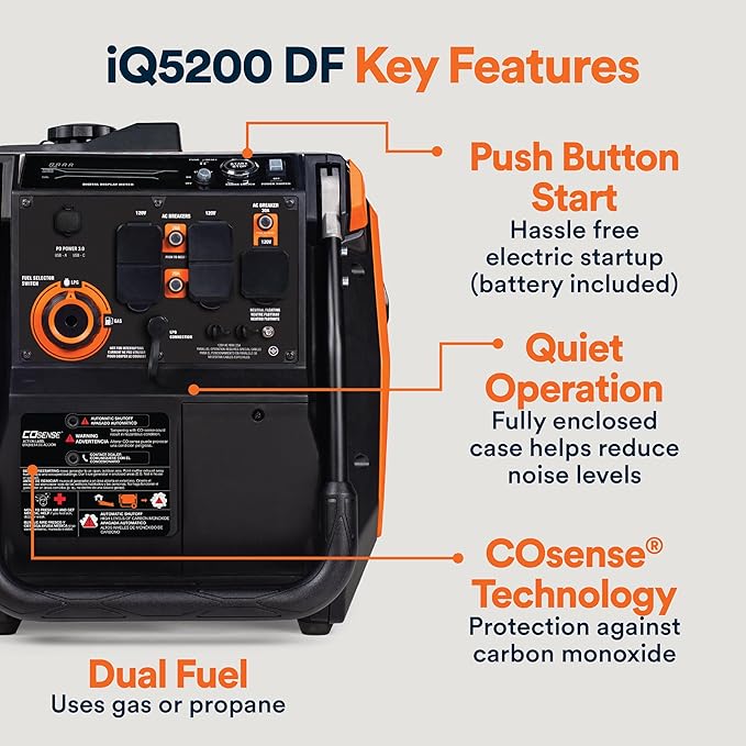 Generac 5,200-Watt Dual-Fuel Portable Inverter Generator - Gas and Propane Compatible - Quiet Operation - Clean, Stable Power - CA Compliant - Great for Home Backup, Camping, and RV Use