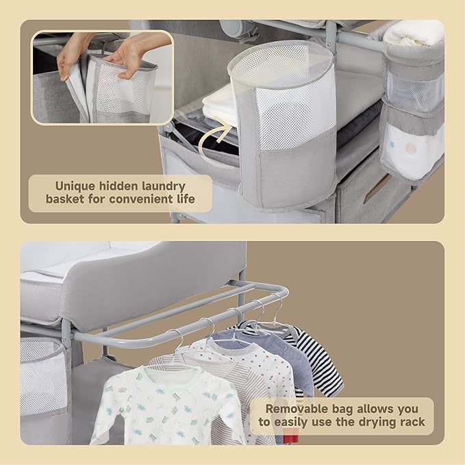 Baby Changing Table, Versatile Portable Folding Changing Table, Waterproof Diaper Changing Station with Waste Basket, Adjustable Height with 2 Drawers, Baby Changing Station for Infant and Newborn