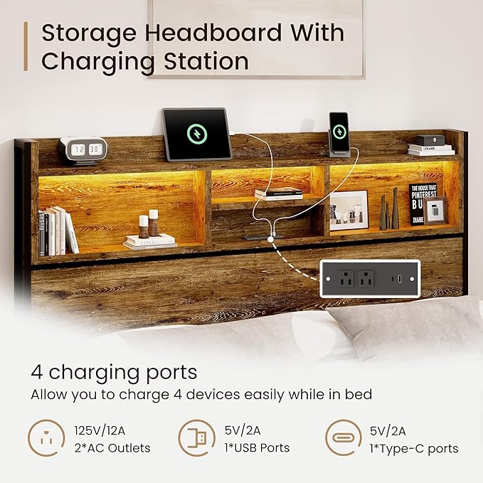 Queen Storage Bed Frame with 6 Drawers, USB Charging Station, No Noise