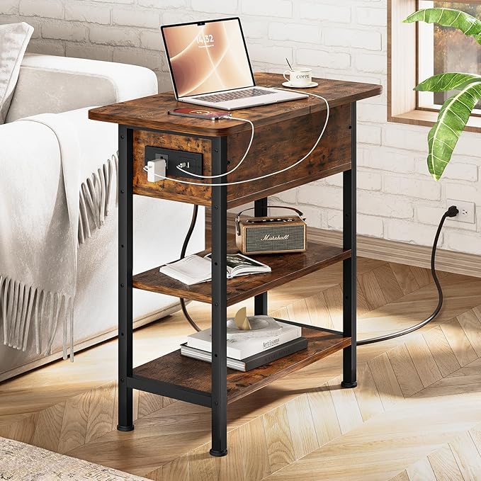 End Table with Charging Station, Flip Top Side Table with USB Ports and Outlets, 3-Tier Small Side Table with Storage for Small Space, End Tables for Living Room/Bedroom, Brown