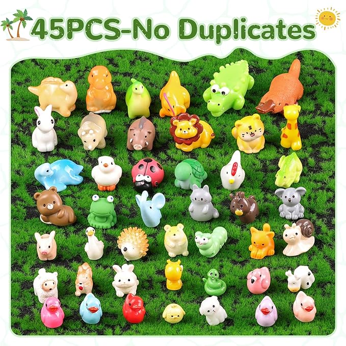 45PCS Mini Resin Animals Tiny Cute Forest Figurines, Miniature Figures to Hide, Little Animal Toys Small Accessories for Topper Desk Garden Dollhouse Landscape Aquarium Ornaments Crafts & Decor
