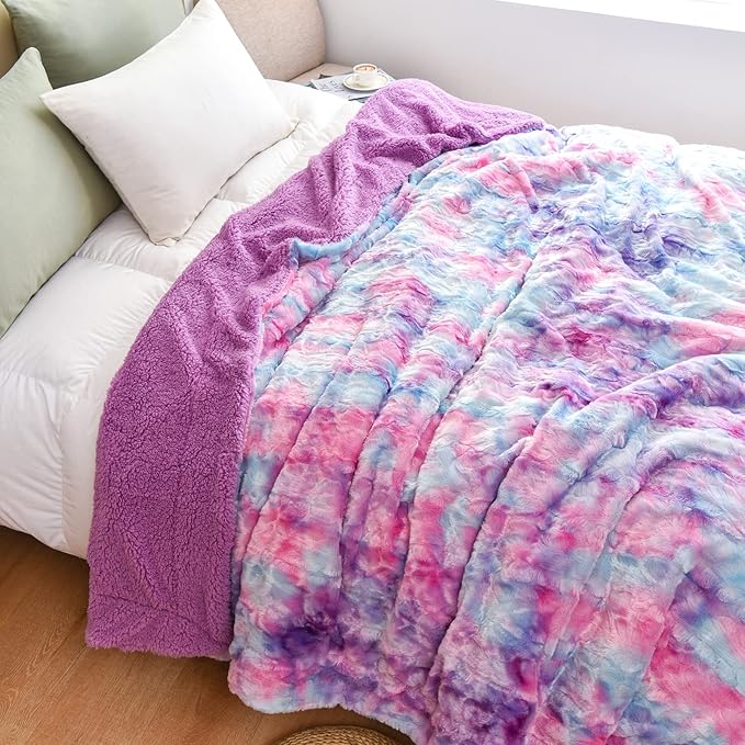 NEWCOSPLAY Super Soft Faux Fur Blanket Queen Size Multi Purple Sherpa Fuzzy Plush Warm Blanket for Sofa Bed (Multi Purple, Queen(90"x90"))