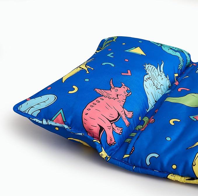 Toddler Nap Mat with Removable Pillow & Minky Blanket Sleeping Bag for Kids Handle & Fastening Nap Mats for Preschool Daycare Kindergarten Kids Sleeping Bag (Ages 2-7 Years) Blue Dinosaur