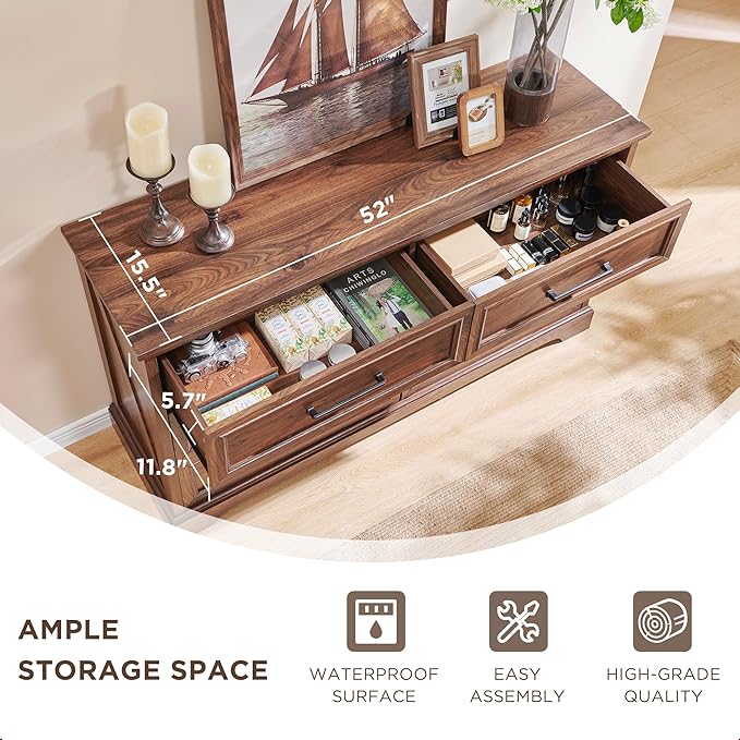 ACCOHOHO Farmhouse 6 Drawer Dresser for Bedroom, 52 Inch Wide Modern Dresser TV Stand with Large Drawers & Bar Handles, Rustic Wood Chest of Drawers for Bedroom, Living Room, Hallway, Brown