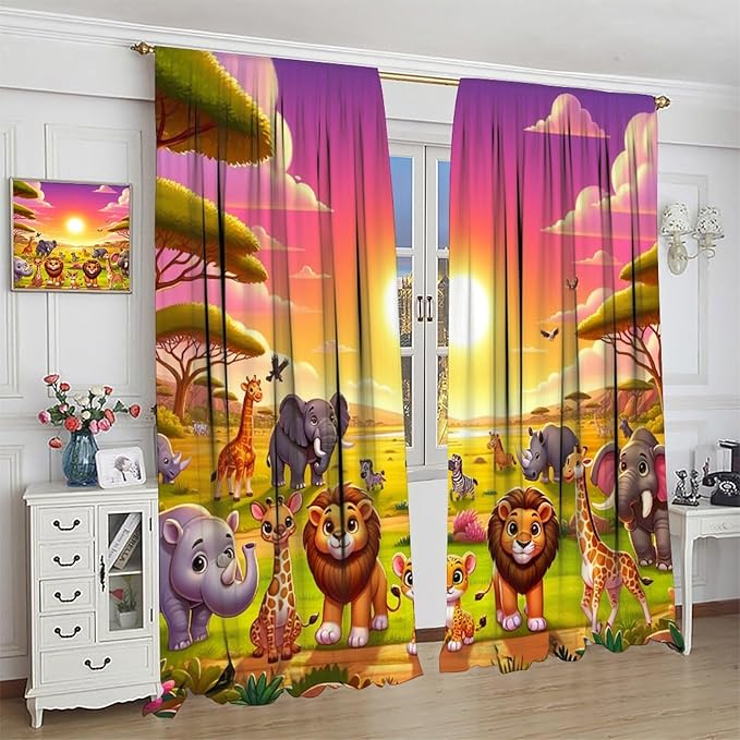 West Animal Curtains Kids Boys Girls Window Treatment Africa Cartoon Animals Lion Elephant Giraffe for Nursery Baby Bedroom Playroom Decor Window Drapes 63" W X 72" L