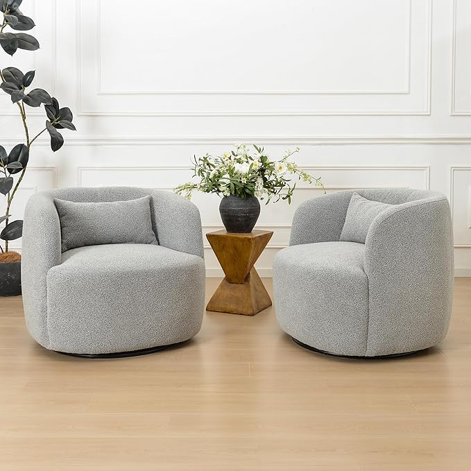 KINWELL 34" Wide Sherpa Swivel Barrel Chairs Set of 2, No Assembly Round Boucle Upholstered Accent Chairs Armchairs Single Sofa Chair with Toss Pillow for Living Room and Bedroom, Gray