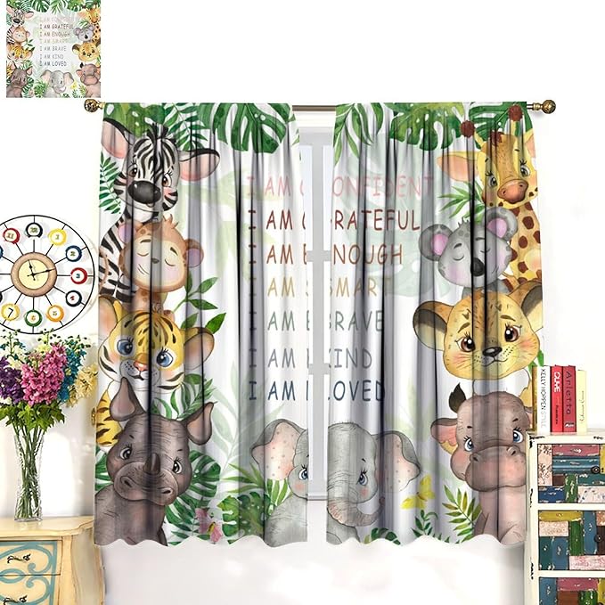 Cartoon Safari Animal Curtains Cute Watercolor Wildlife Jungle Window Treatments for Kids Boys Girls Bedroom Living Room Inspirational Motivational Quotes Nursery Children Drapes W42xL54