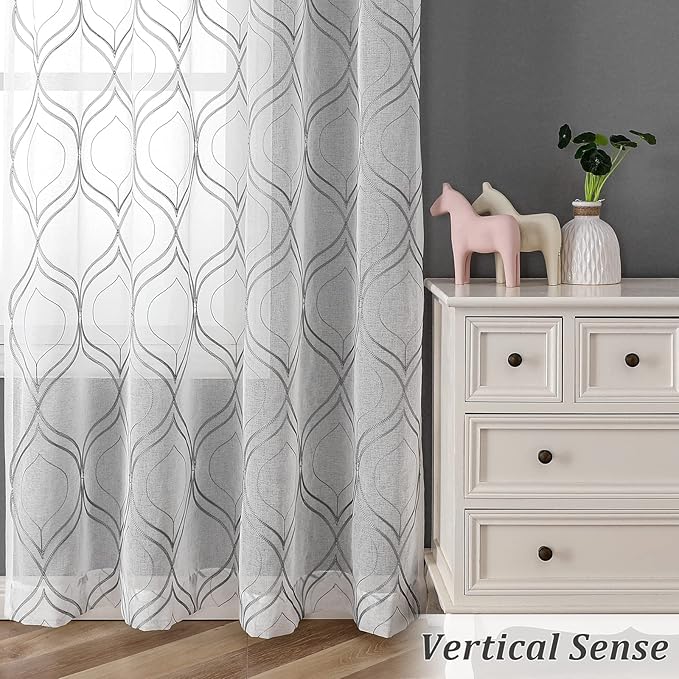 VISIONTEX White Sheer Curtains 54 Inch Length 2 Panels Set Grey Moroccan Embroidered Curtains Trellis French Textured Rod Pocket Voile Tulle Semi Window Drapes for Bedroom Living Room 54 x 54 Inches