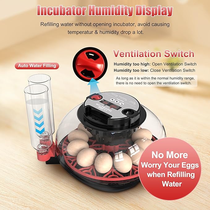 12 Egg Incubator with Temperature Control, Humidity Display, Automatic Egg Turner and Candler, Automatic Water Bottle Refill, for Hatching Chickens/Ducks/Gooses/Quail