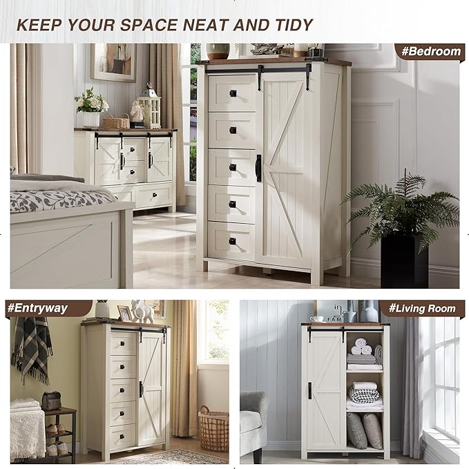T4TREAM 5 Drawers Dresser for Bedroom w/Sliding Barn Door, Farmhouse Modern Tall Dresser 5 Chest of Drawers, Storage Organizer for Bedroom, Hallway, Living Room, Kids Room, Antique White