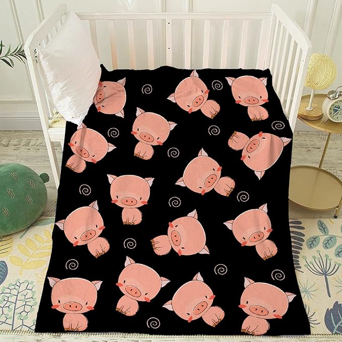 Thuswarm Cute Piggy Kawaii Pig Black Flannel Throw Blanket Warm Cozy Soft Funny Print Blankets for Bed Couch Sofa Room Decoration Gifts 60"×50" Medium for Teen