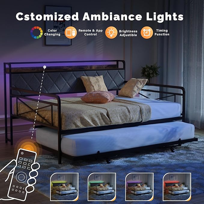 VINGLI Full Daybed with Trundle Bed, Upholstered Day Bed with LED Light &