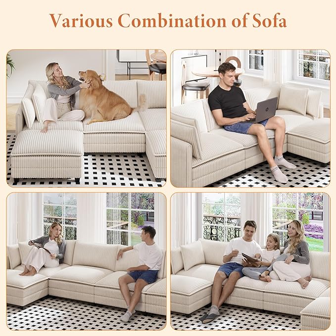 Vesgantti 109" L Shaped Cloud Sectional Couch, Comfy Corduroy Upholstered Modular Couches for Living Room, Modern 3 Seater Sectional Sofa with Ottoman Deep Seat, Beige
