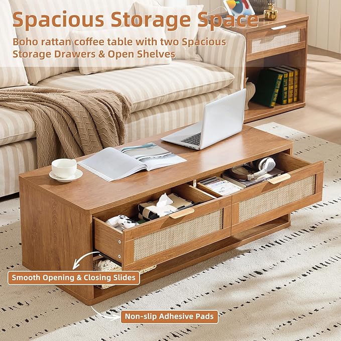 LEYAOYAO Boho Rattan Coffee Table Sets 3 Pieces, Nightstand with Charging Station and Coffee Table with Hidden Storage Compartment, Brown Living Room Table Set, Wood Furniture Sets for Home Office